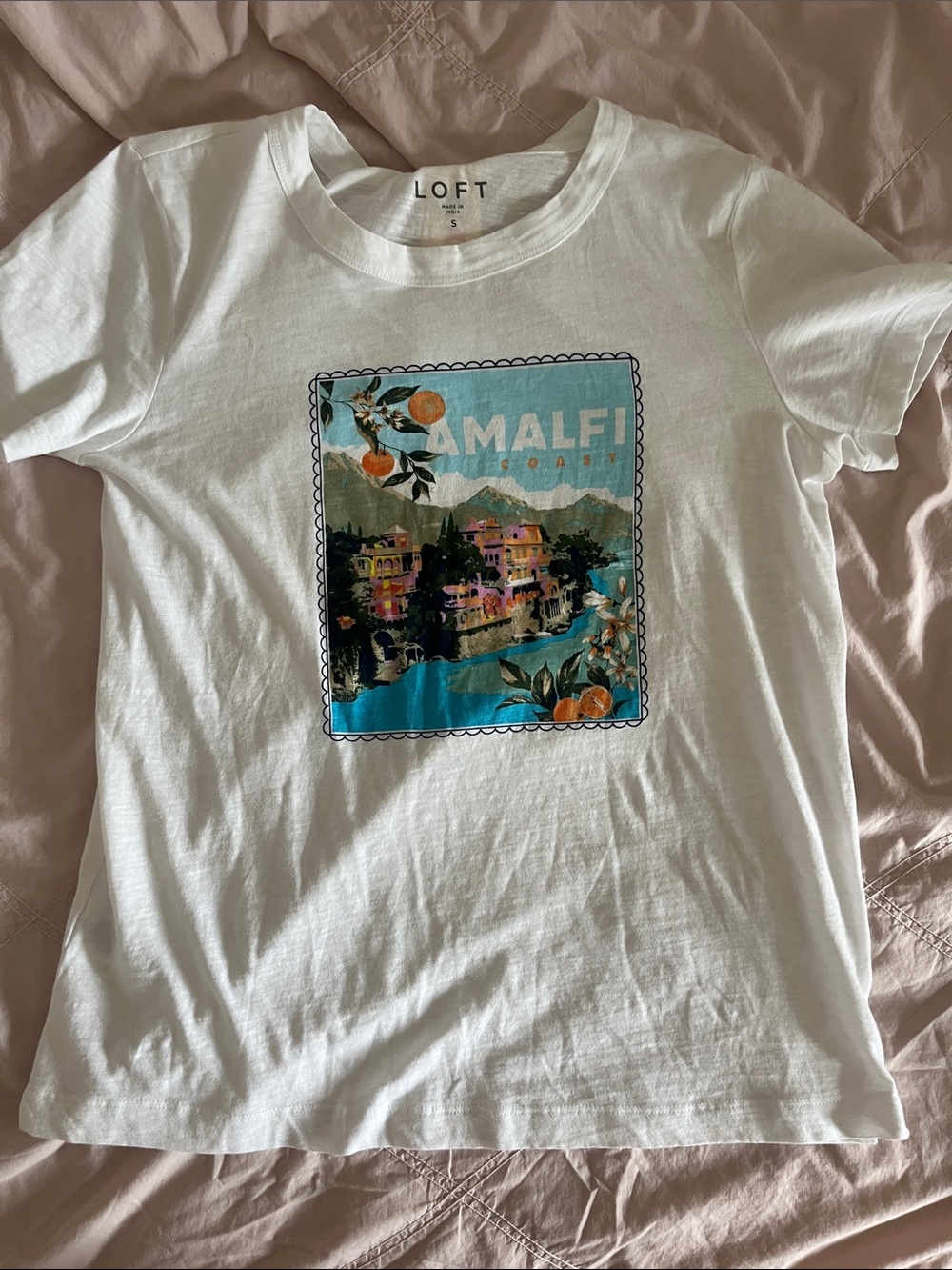 LOFT White Graphic Amalfi Coast Tee with Blue & Orange Print